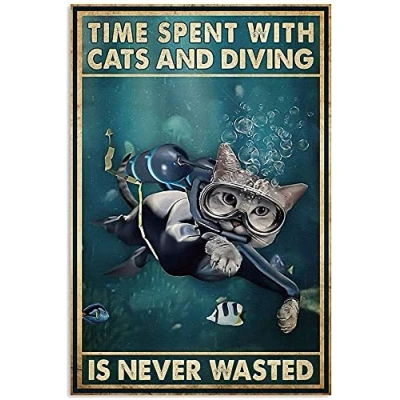 Imagen de Cartel de metal vintage con texto en inglés &quot;Scuba Diving Cat and Into The Ocean I Go to Lose My Mind Find Soul&quot;, 8 x 12 pulgadas
