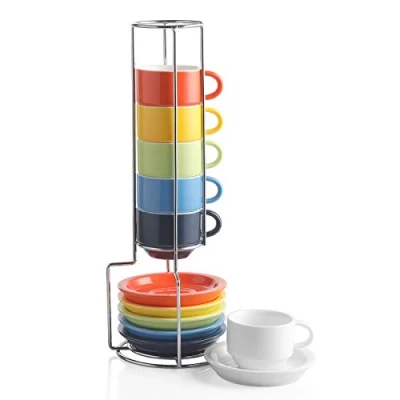 Imagen de Sweejar Home Juego de 6 tazas y platillos porcelana para café expreso, apilables, con soporte metal, 70 ml, leche, café, moca, té, multicolor