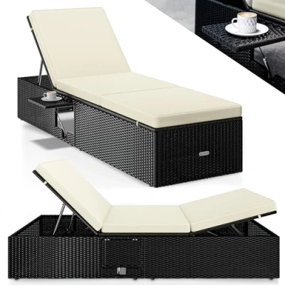 Imagen de CASARIA® Tumbona de Jardín 200x58cm Mesa Plegable Cojín Mueble Poliratán Resistente Intemperie 7 Posiciones Negro Crema