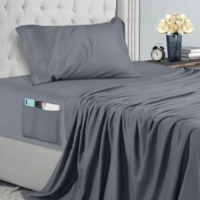 Imagen de Utopia Bedding Juego De Sabanas Bordadas 3 Piezas 90x190 Microfibra Poliéster, Sábana Bajera con Bolsillos Almacenamiento, Plana Y 1 Funda Almohada (Cama 90, Gris)