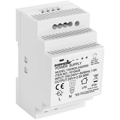 Imagen de Poppstar fuente de alimentacion carril DIN 24 V DC 2,5A 60W (entrada 100 240 VAC 50/60Hz), 24V, 52,5 x 90 58 mm, blanco