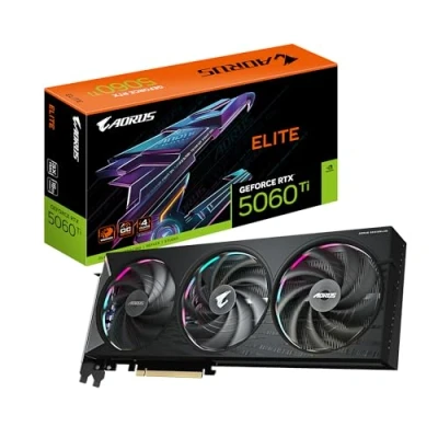 Imagen de Gigabyte AORUS GeForce RTX 5060 Ti Elite 16G Tarjeta Gráfica 16 GB GDDR7, 128 bits, PCI E 5.0, 2722 MHz Frecuencia del núcleo, 3 x DisplayPort, 1 HDMI, GV N506TAORUS 16GD