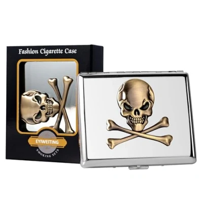 Imagen de Clásica pitillera portátil de metal vintage para hombres y mujeres, con capacidad 18 20 cigarrillos 100 mm (Calavera Plata, 20pcs 100&#039;s)