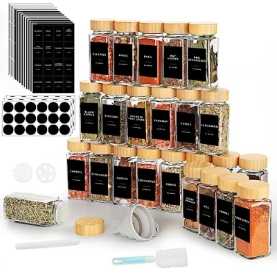Imagen de Lannvan Botes Especias Cristal 24pcs Cuadrado para con Tapa de Madera 120ml Frascos Especiarias Tarros incluir Embudo, Tamiz, Cepillo Limpieza, Etiquetas y Bolígrafo