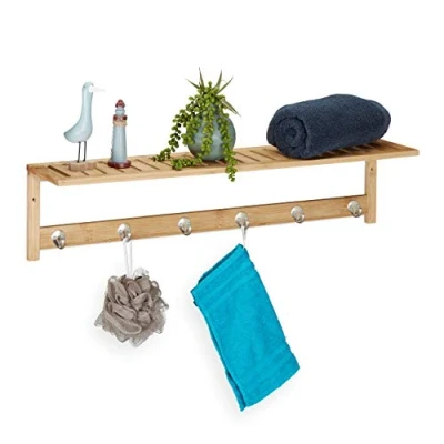 Imagen de Relaxdays Perchero de Pared con Estante, 6 Ganchos, Baño y Pasillo, Estrecho, Bambú, 18 x 75 16 cm, Toallero, Natural