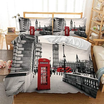 Imagen de EU VV Funda Nórdica Juego de Cama Suave Transpirable Poliéster Algodón Ciudad Famosa 1 + 2 Fundas Almohada 48X74cm (Londres,(180x220 cm) 105/135)