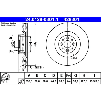 Imagen de ATE 24.0128 0301.1 Disco de freno 330,0 28,0 4 98,0 ventilado revestido LANCIA: DELTA 3