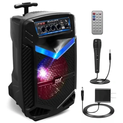 Imagen de PYLE Sistema de Altavoces, PA, 400W, Bluetooth, portatil, Recargable, Exteriores, subwoofer 8, Tweeter 1, función grabación, micrófono, Luces Fiesta, Radio USB/SD, Color Negro