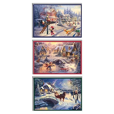 Imagen de Hallmark Thomas Kinkade Surtido de tarjetas Navidad en caja, Mickey Mouse (3 diseños, 24 con sobres)