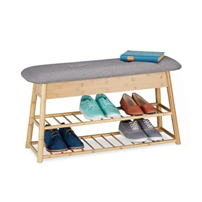 Imagen de Relaxdays Banco Zapatero Recibidor, Organizador 8 Pares Zapatos, 2 Baldas, Asiento con Baúl, Bambú, 48x90x28 cm, Natural, Poliéster, 1 Unidad