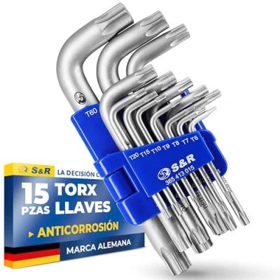 Imagen de S&amp;R Llaves Torx Juego de 15 allen cortas hexagonales EXTRA RESISTENTES TX6 TX60. sin Agujeros y Colores.