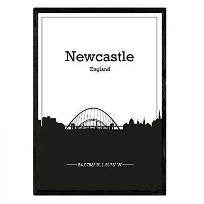 Imagen de Nacnic Poster con Mapa de Newcastle Inglaterra. Láminas Skyline Ciudades Inglaterra e Irlanda Sombra Negra. Tamaño A3