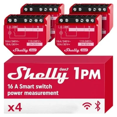 Imagen de Shelly 1PM Gen3 x4 Pack WiFi Relay Switch with Current Measurement 16 A Light Control Alexa Google Home, Matter Compatible iOS Android App No Hub Required