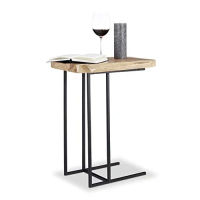 Imagen de Relaxdays Mesa Auxiliar Rústica, Madera de Cedro Hierro, Beige, 60 x 34 49,5 cm, 5 cm