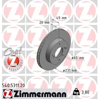 Imagen de ZIMMERMANN COAT Z 540.5311.20 Disco de freno 231 20 6/4 4 100 ventilación interna revestido