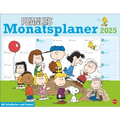 Imagen de planificador mensual de Peanuts 2025: práctico pared con los famosos cómics Peanuts. Calendario icónico para registrar. Agenda divertidas historias imágenes.
