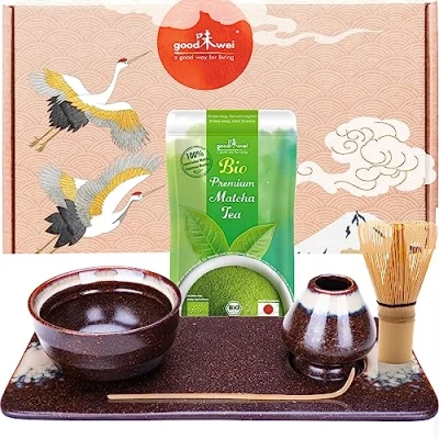 Imagen de Goodwei juego de matcha para ceremonia té japonesa, 6 piezas cuenco matcha, soporte escoba y bandeja con diseño a auténtico orgánico Japón (Kumo)
