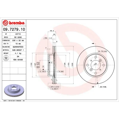 Imagen de BREMBO 09.7279.10 Disco de freno 235 20 4 ventilación interna SUZUKI: SWIFT 2, Baleno I Hatchback