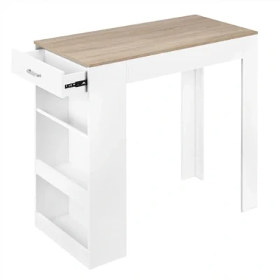 Imagen de WOLTU Mesa Bar Alta, Cocina con Estantería Lateral de 1 Cajon, Botellero y 2 Estantes, Auxiliar Alta Extrecha para Comedor, Salón Estudio, 100x50x100 cm, Blanco+Roble Claro, BT47whe