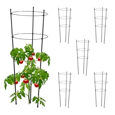 Imagen de Relaxdays Set 6 Jaulas Tomates, Metal y Plástico, Tutores Tomateras, 76 cm Alto, 3 Anillos, Soporte Trepadoras, Negro, Hierro