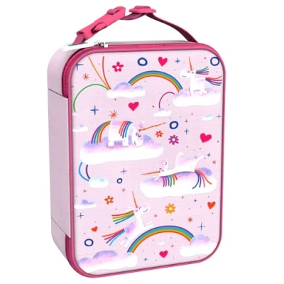 Imagen de ION8 Bolsa Termica Porta Alimentos, Cremallera Fácil Acceso en 3 Lados, Bolsillo Externo para Botellas, Acolchado y Forrado Lavable, Parche de Nombre, Poliéster, Arco Iris Unicornio Diseño Impreso