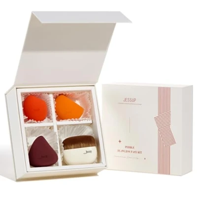 Imagen de Jessup Juego de brochas para base maquillaje con esponja, 1 brocha plana Kabuki y 3 esponjas difuminar, aplicar corrector, rubor, polvos pulir caja regalo, T505