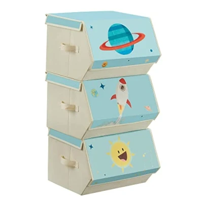 Imagen de SONGMICS Cajas de Juguetes para Niños, Juego 3 Almacenamiento Apilables y Plegables, con Asas Tapa Magnética, Habitación Infantil Cuarto Juegos, Tema del Espacio, Azul RLB700Q01