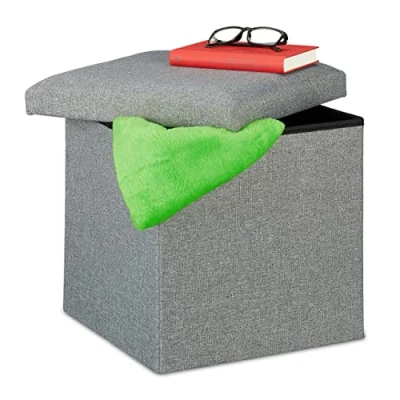 Imagen de Relaxdays Taburete Almacenaje Plegable, Acolchado, Tela, Otomana de Almacenamiento, 37 x 37,5 cm, Gris, Tablero Fibras