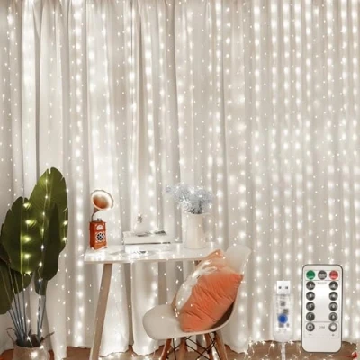 Imagen de Jsdoin Cortina Luces,3.6 x 3M con Control Remoto 8 Modos de USB Luces Navidad Exterior,360 LED Decoración para Jardín Habitación (Blanco frío)