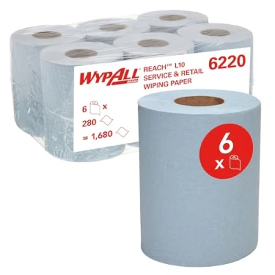 Imagen de paños de celulosa WypAll para colectividades L10 6220 Rollo azul 1 capa con dispensación central 6 rollos x 280 (1680 en total)