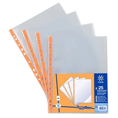 Imagen de Viquel 109731 06 Juego de 25 fundas plástico perforadas Incolores A4 con banda refuerzo, color naranja fluorescente