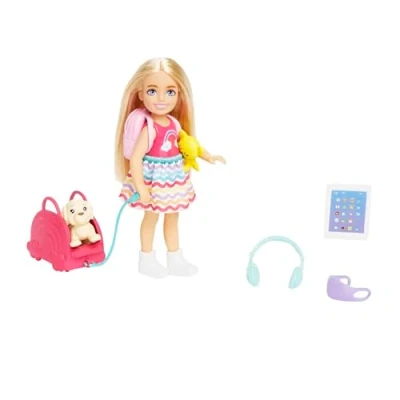 Imagen de Barbie Muñeca Chelsea vámonos de viaje Set juego con accesorios viaje, perrito cachorro y transportín, juguete +3 años (HJY17)