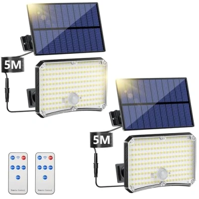 Imagen de TOPPELIGHT Luz Solar Exterior [2 Paquetes] 200LED Focos Led Solares con Sensor de Movimiento 4 Modos, IP65 Impermeable Lampara Mando a Distancia, Luces Jardin