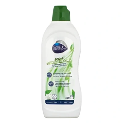 Imagen de CARE + PROTECT ECO+ Gel Lavavajillas, combina 4 funciones en una : Desengrasante, Abrillantador, Sal, Neutralizador de Olores, Hipoalergénico. Es activo Ciclos Cortos, 650ml (38 Lavados)