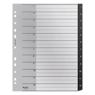 Imagen de Leitz Índice Separador, Pestañas Numéricas 1 12, A4, Extra Ancho, 90% Plástico Reciclado, Respetuoso con el Medio Ambiente, , Gama Recycle, Negro, 12090000