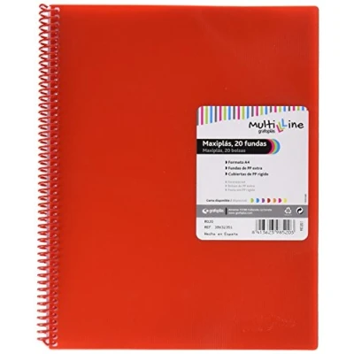 Imagen de Grafoplás Carpeta Espiral con 20 Fundas Transparentes A4 Color Rojo PVC Tapas Polipropileno Gomas de Cierre Maxiplás Multiline