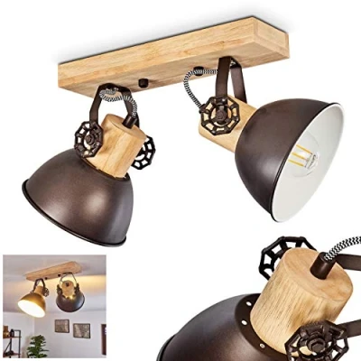 Imagen de lámpara de techo Orny, metal/madera en antracita/blanco/marrón, 2 luces, con focos ajustables, x casquillo E27, foco diseño retro/vintage, sin bombilla(s)