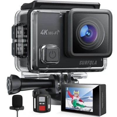 Imagen de Surfola Cámara Deportiva 4K 30FPS, 20MP Videocámara de Casco WiFi con EIS Antivibración, Subacuática Buceo 40M Micrófono Dual, Control Remoto, 2 Baterías, Varios Accesorios