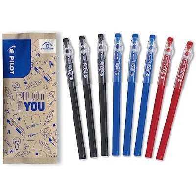 Imagen de Pilot 8 bolígrafos Ball Stick Tinta de gel borrable 3 azules, negros y 2 rojos el FriXion económico punta media para poner en estuche escolar Suministro