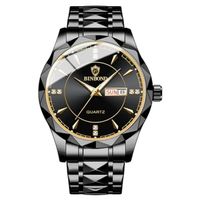 Imagen de JewelryWe Reloj Cuarzo Analógico Parejas: Relojes Redondo Resistente al Agua para Hombre Calendario Escala de Barras Luminoso Correa Acero Inoxidable Extraíble Ocio Negocios Regalos