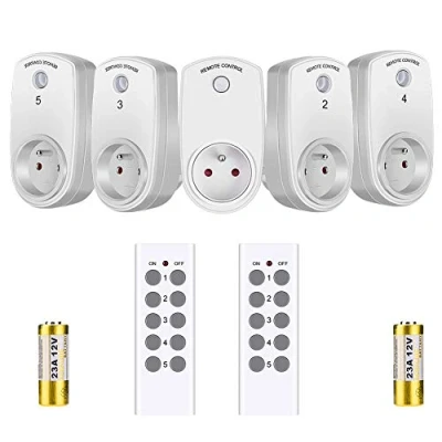 Imagen de Enchufes inalámbricos con control remoto, 5 Enchufes, 2 Mandos a Distancia y Pilas, enchufe Inteligente, 2300W, de la UE, batería NO está incluida, Blanco