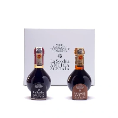 Imagen de La Secchia &quot;Duetto&quot;, Dueto de Vinagre Balsámico Tradicional Módena DOP &quot;Affinato&quot; y &quot;Extra Vecchio&quot; 2 Botellas 100 ml en Paquete Elegante Forrado Lona, Idea Regalo