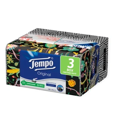 Imagen de Tempo, Caja de pañuelos papel, 3 cajas 80 desechables, 4 velos, Box Limited Edition firmada Marras, gráficos surtidos, paquete reciclable