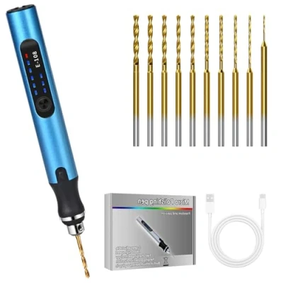 Imagen de Mini taladro eléctrico Vankarr de 3 marchas DIY recargable con 10 taladros, manual para modelismo, madera, resina, fabricación joyas, placa circuito plástico, azul