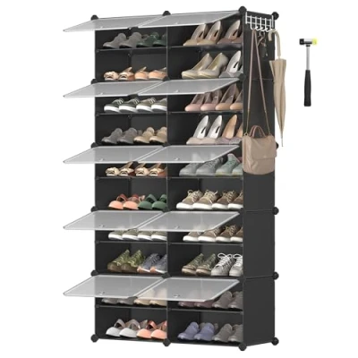 Imagen de SONGMICS Mueble Zapatero Plástico, 10 Compartimentos, Modular, Estantería Modular de 30 x 40 cm Cada Cubo, con Puerta, Marco Acero, Panele Negro LPC035B01