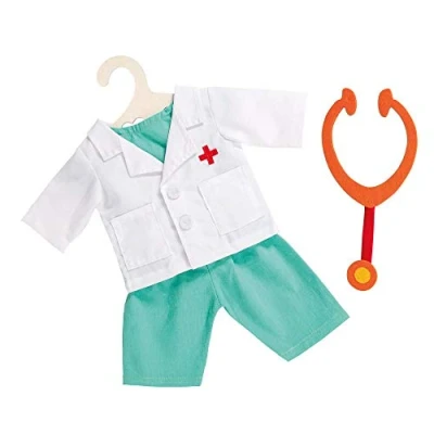 Imagen de Heless 1653 Conjunto de ropa para muñecas, traje médico 4 piezas con pantalón, camisa, bata y estetoscopio, tamaño 28 35 cm