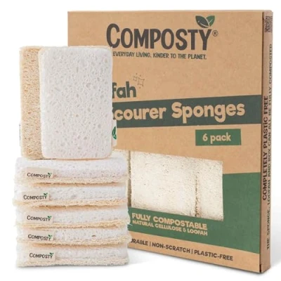 Imagen de Composty® Esponjas de Estropajo ecológicas lufah Paquete 6 Esponja Cocina compostable Lavado Biodegradable Sin plástico 100% Natural Larga duración Un árbol plantado