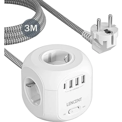 Imagen de LENCENT Cubo Regleta Enchufes 3M con 4 Tomas de CA, 3 USB y 1 Tipo C, Alargadera Electrica Protección contra Sobretensiones para Familia, Cocina Oficina White