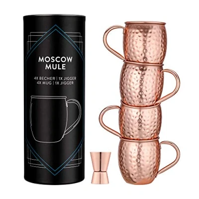 Imagen de Navaris 4X Taza de Cobre para Moscow Mule Set jarras Acero Inoxidable Chapado en 500 ML Tazas Bebidas frías con Vaso medidor