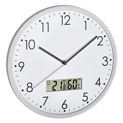Imagen de TFA Dostmann 60.3048.02 Reloj de pared analógico con termómetro e higrómetro digital, para control temperatura la habitación, cristal, transparente, diámetro 302 mm, blanco pilas